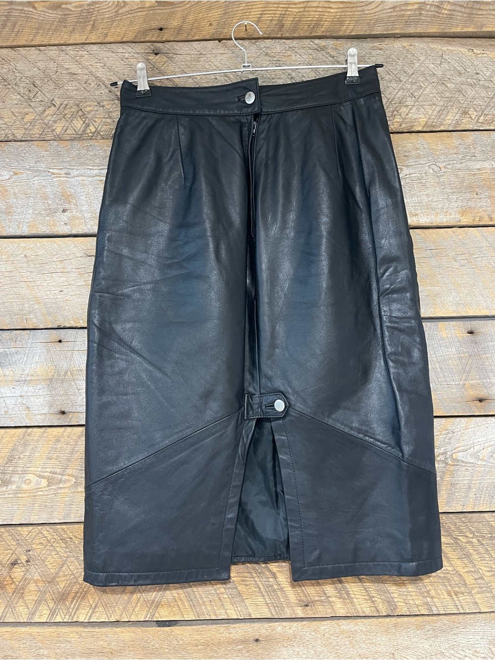 Pelle Cuir Vintage 80s Black Leather Pencil Midi Skirt High Rise Paneling Sz 12 - Picture 2 of 12